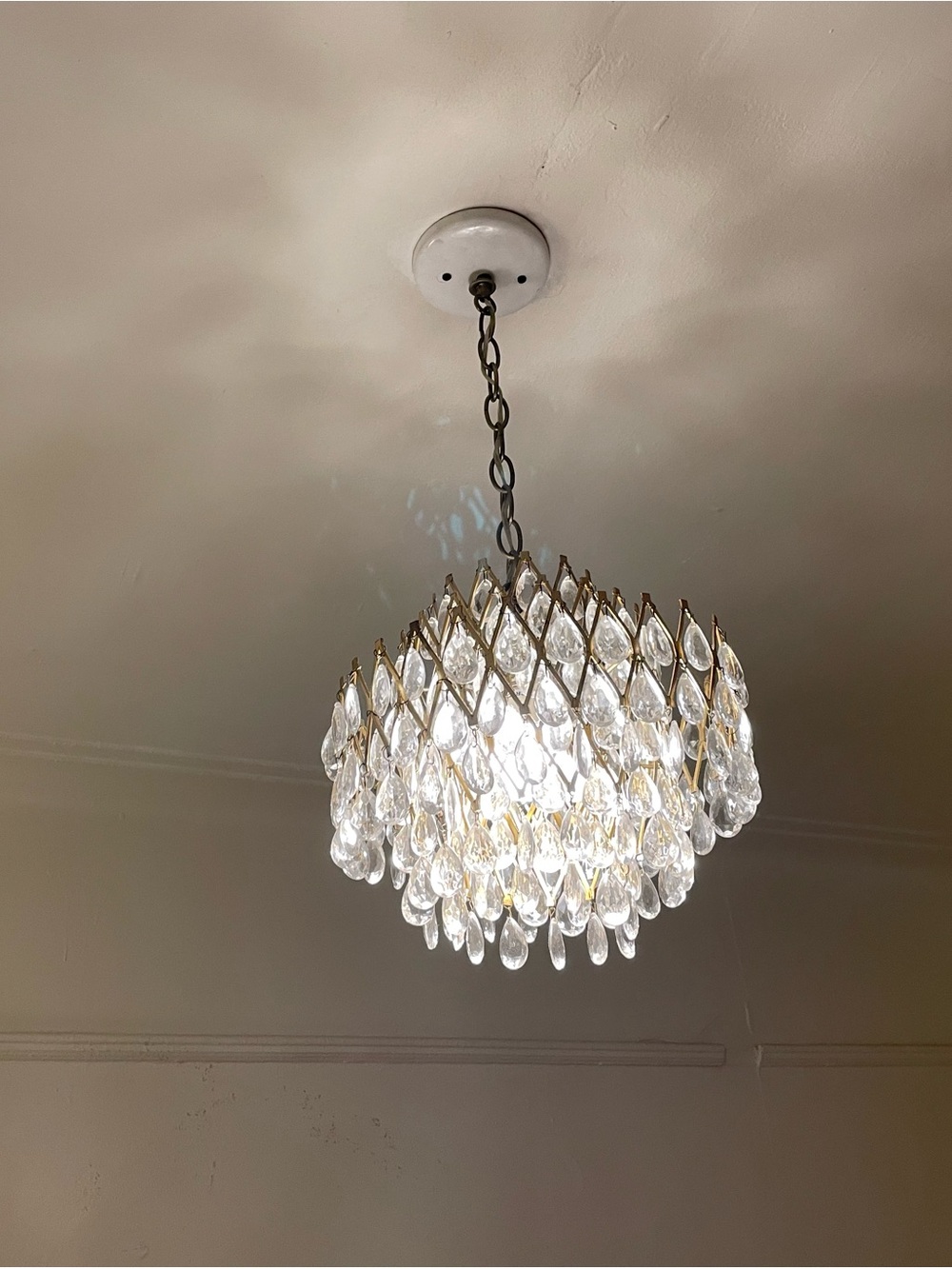Vintage Crystal Teardrop Chandelier with Gold Frame